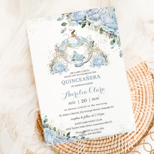 Invitation Bébé Bleu Floral Roses Princesse Coach Quinceanera