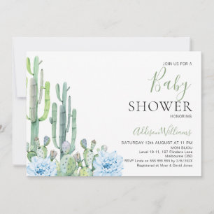 Invitation Bébé Bleu Floral Succulents Cactus Baby shower