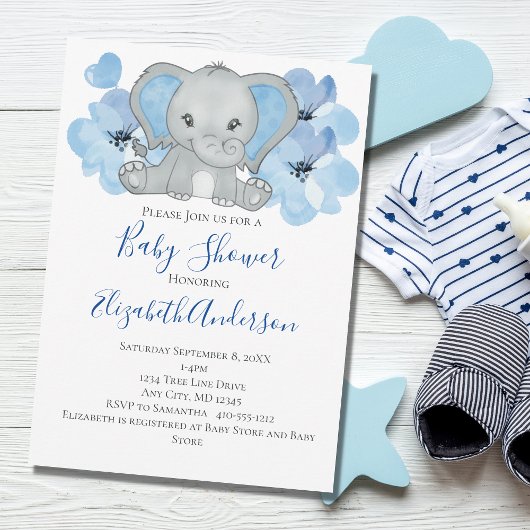 Invitation Bébé bleu garçon éléphant Baby shower fleurs ballo