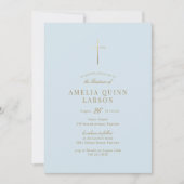 Invitation Bébé Bleu Garçon Simple Élégant Croix Or Baptême (Devant)