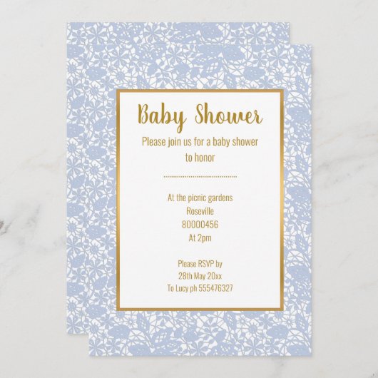INVITATION BÉBÉ BLEU LACE OR TRIM BABY SHOWER ÉLÉGANT (Devant / Derrière)