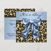 Invitation Bébé Bleu Marron Léopard Bébé Garçon Shower (Devant / Derrière)