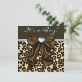 Invitation Bébé Bleu Marron Léopard Bébé Garçon Shower (Debout devant)