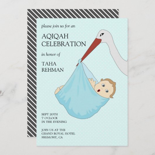 Invitation Bébé bleu mignon garçon Aqiqah (Devant / Derrière)