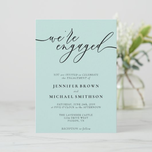 Invitation Bébé bleu minimal Fiançailles moderne (Debout devant)