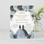 Invitation Bébé Bleu Noir Floral Twins Or Quinceañera XV (Debout devant)