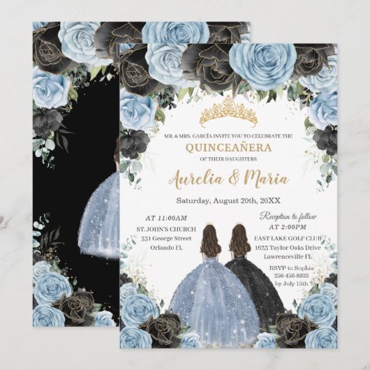 Invitation Bébé Bleu Noir Floral Twins Or Quinceañera XV (Devant / Derrière)