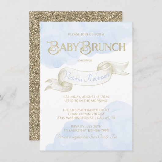 Invitation Bébé Bleu or Aquarelle garçon Baby shower Brunch (Devant / Derrière)