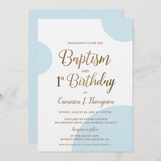 Invitation Bébé bleu or Baptême garçon 1er anniversaire Invit (Devant / Derrière)
