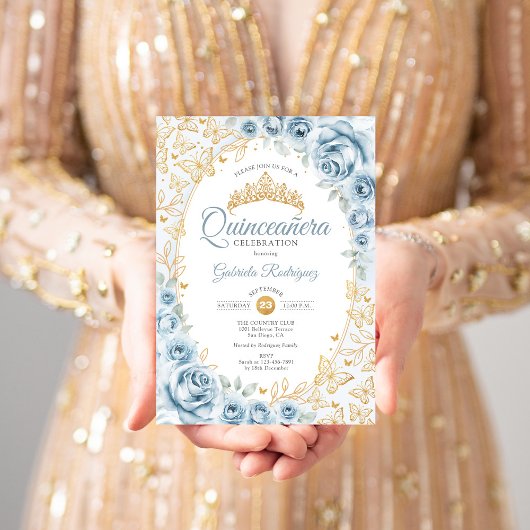 Invitation Bébé Bleu Or Floral Quinceanera