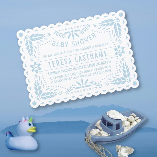 Invitation Bébé bleu papel picado blanc bébé douche