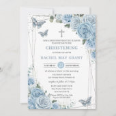 Invitation Bébé Bleu Papillons Floraux Baptême Baptême Baptêm (Devant)