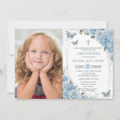 Invitation Bébé Bleu Papillons Floraux Baptême Baptême Baptêm (Devant)