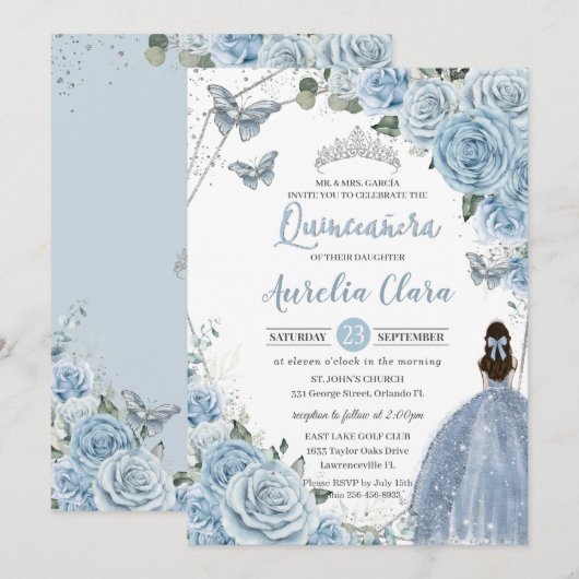 Invitation Bébé Bleu Papillons Floraux Princesse QUINCEAÑERA (Devant / Derrière)