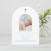 Invitation Bébé bleu photo arc garçon Baptême (Debout devant)