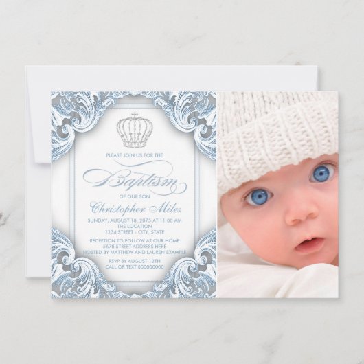 Invitation Bébé Bleu Prince Couronne Baptême (Devant)