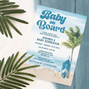 Invitation Bébé bleu rétro à bord Baby shower Surf