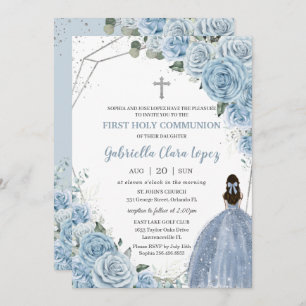 Invitation Bébé Bleu Rose Fleurs Fille Première Sainte Commun