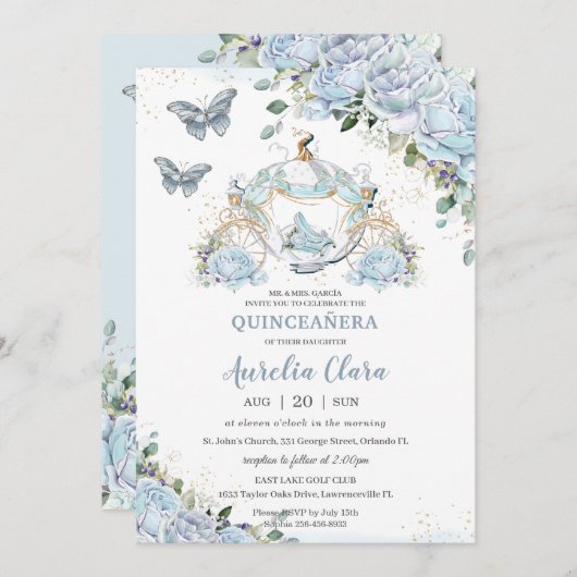 Invitation Bébé Bleu Rose Princesse Cinderella Quinceañera (Devant / Derrière)