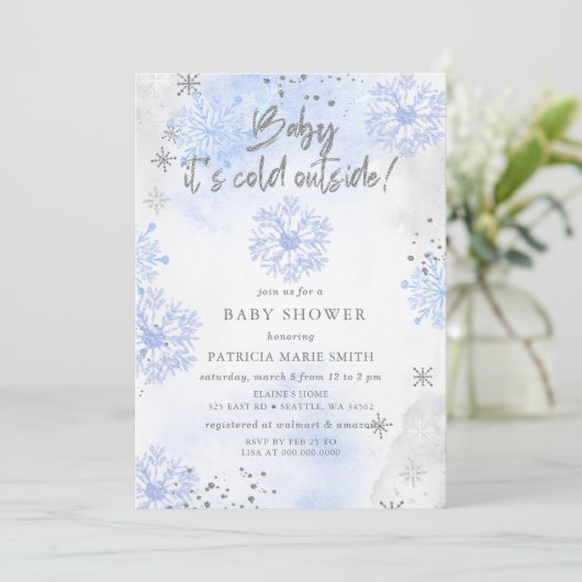 Invitation Bébé bleu son Baby shower d'hiver froid à l'extéri (Debout devant)
