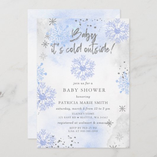 Invitation Bébé bleu son Baby shower d'hiver froid à l'extéri (Devant / Derrière)