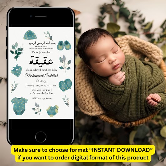 Invitation Bébé bleu vêtements garçon Aqiqah Aqeeqa Musulman