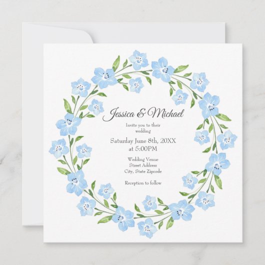 Invitation Bébé bleu yeux aquarelle Floral Wreath (Devant)