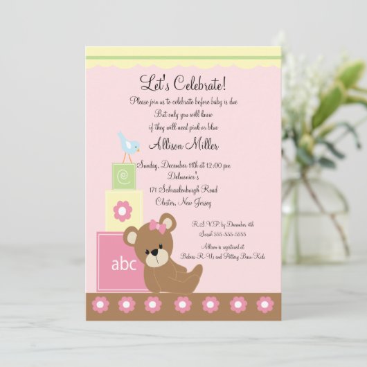 Invitation Bébé Blocs Bébé Fille Douche (Debout devant)