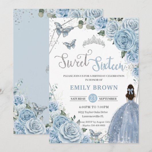 Invitation Bébé Blue Floral Papillons Princesse Sweet 16 (Devant / Derrière)