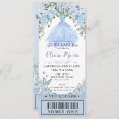 Invitation Bébé Blue Floral robe Quinceañera VIP Ticket (Devant / Derrière)