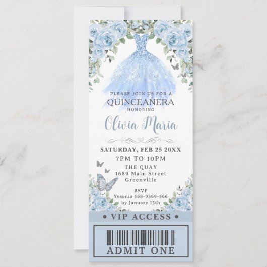 Invitation Bébé Blue Floral robe Quinceañera VIP Ticket (Devant)