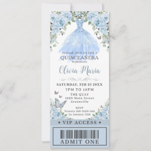 Invitation Bébé Blue Floral robe Quinceañera VIP Ticket