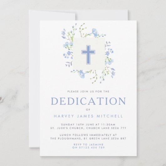 Invitation Bébé Blue Floral Wreath & Cross Baby Dedication (Devant)