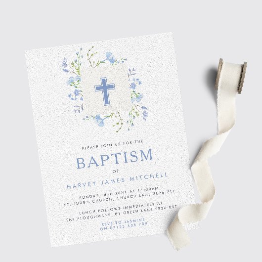 Invitation Bébé Blue Floral Wreath & Cross Baptism