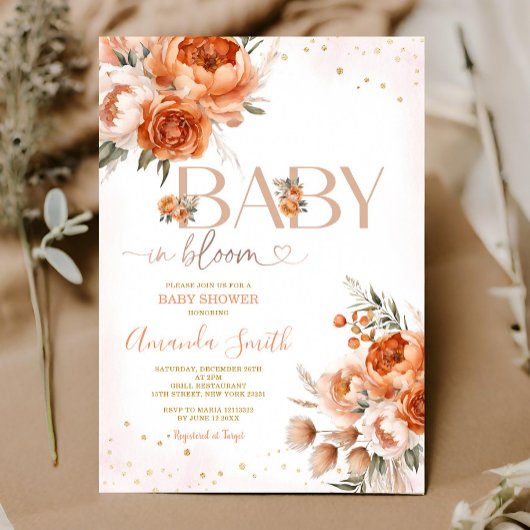 Invitation Bébé Boho En Fleur Brûlé Baby shower Floral Orange