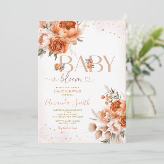 Invitation Bébé Boho En Fleur Brûlé Baby shower Floral Orange (Debout devant)