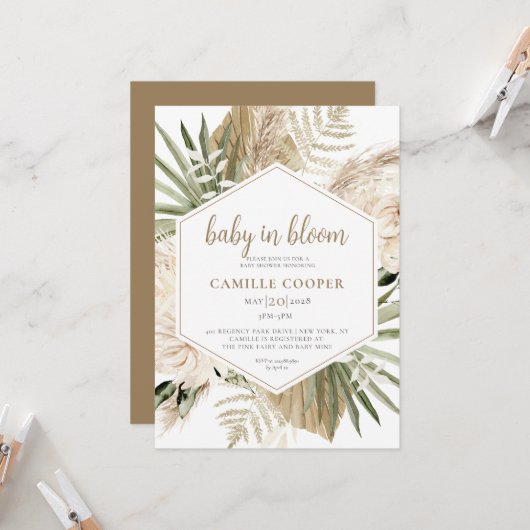 Invitation Bébé Boho En Fleur Pampas Herbe (Devant/Arrière en situation)