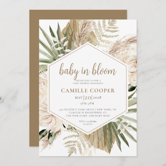 Invitation Bébé Boho En Fleur Pampas Herbe (Devant / Derrière)