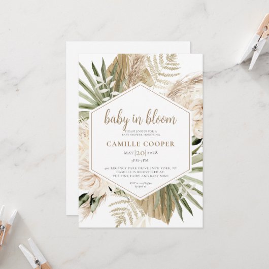 Invitation Bébé Boho En Fleur Pampas Herbe (Devant/Arrière en situation)