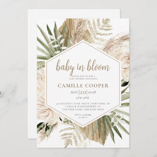 Invitation Bébé Boho En Fleur Pampas Herbe (Devant / Derrière)