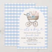 Invitation Bébé Bouteille Porte-En vichy Bleu Baby shower (Devant / Derrière)