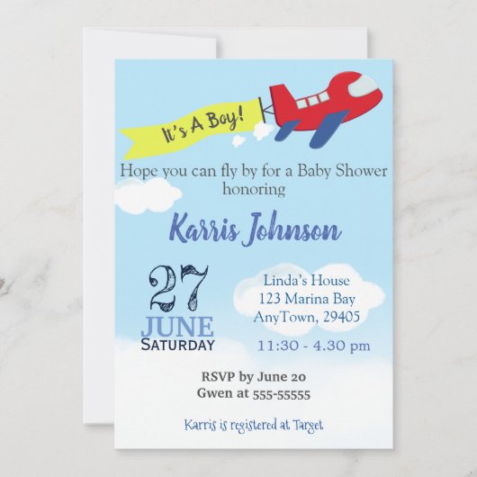 Invitation Bébé Boy Shower Avion Sky Blue (Devant)