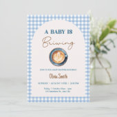 Invitation Bébé brasse Baby shower café bleu En vichy (Debout devant)