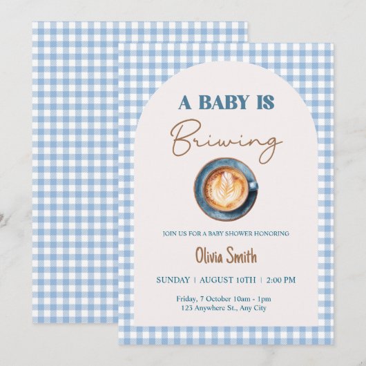Invitation Bébé brasse Baby shower café bleu En vichy (Devant / Derrière)