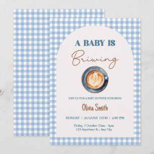 Invitation Bébé brasse Baby shower café bleu En vichy