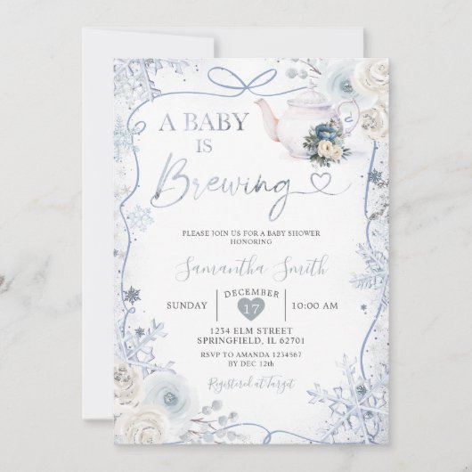 Invitation Bébé brasse Baby shower neige hivernal Bow ruban (Devant)