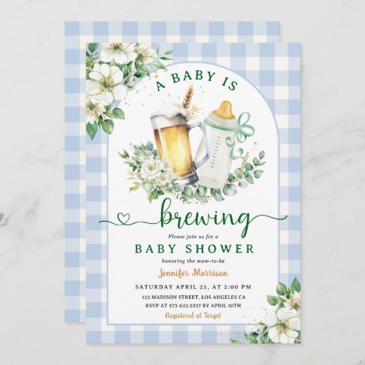 Invitation Bébé brasse Bière Baby shower Garçon Bleu En vichy (Devant / Derrière)