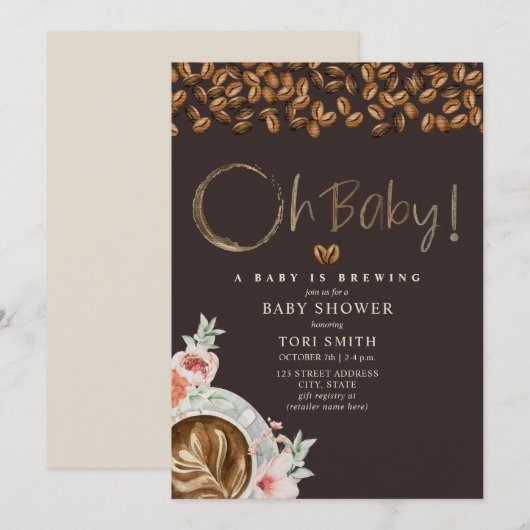 Invitation Bébé brasse Oh Bébé café foncé Douche florale (Devant / Derrière)