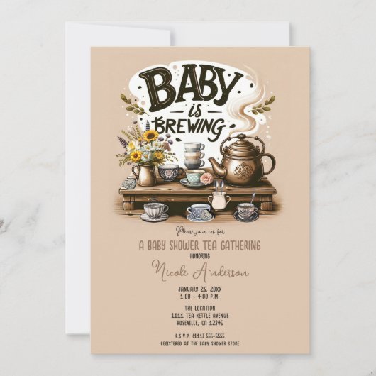 Invitation Bébé brasse Rustique Tea Kettle Peach Douche (Devant)