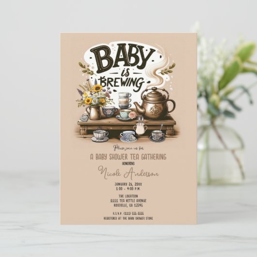 Invitation Bébé brasse Rustique Tea Kettle Peach Douche (Debout devant)